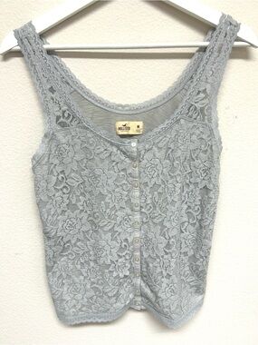 90s Y2K Hollister Floral Lace Tank Top Lined M Stretch Button Front Gray Fairy